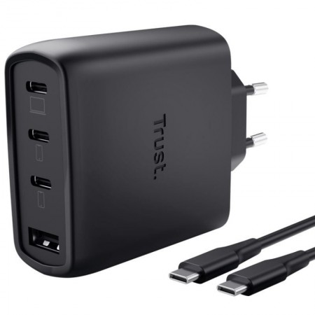 Cargador de Pared GaN Trust Maxo 65W 26067/ 3xUSB Tipo-C/ 1xUSB/ Incluye Cable USB Tipo-C/ 65W