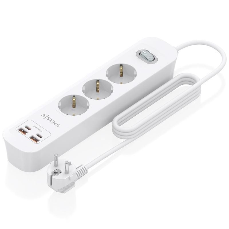Regleta con Interruptor Aisens ASPS-2A2C10-W/ 3 Tomas de Corriente/ 2 USB - 2 USB Tipo-C/ Cable 1.4m/ Blanco