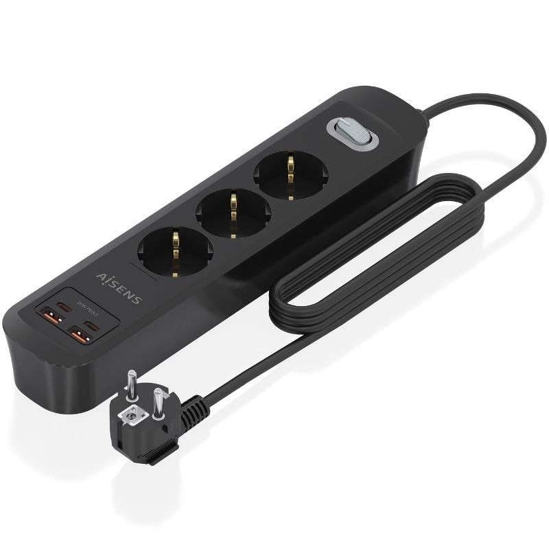 Regleta con Interruptor Aisens ASPS-2A2C11-BK/ 3 Tomas de Corriente/ 2 USB - 2 USB Tipo-C/ Cable 1.4m/ Negro
