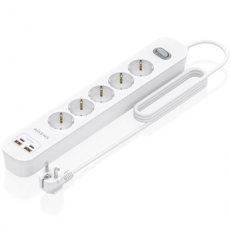 Regleta con Interruptor Aisens ASPS-2A2C14-W/ 5 Tomas de Corriente/ 2 USB - 2 USB Tipo-C/ Cable 1.4m/ Blanco