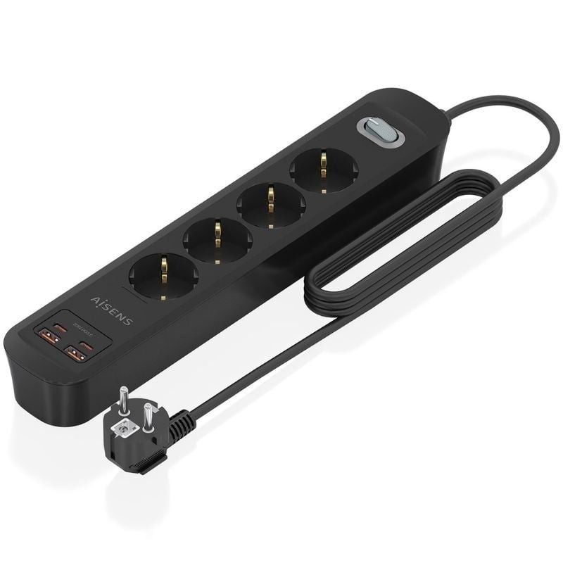 Regleta con Interruptor Aisens ASPS-2A2C13-BK/ 4 Tomas de Corriente/ 2 USB - 2 USB Tipo-C/ Cable 1.4m/ Negro