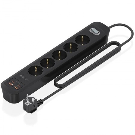 Regleta con Interruptor Aisens ASPS-2A2C15-BK/ 5 Tomas de Corriente/ 2 USB - 2 USB Tipo-C/ Cable 1.4m/ Negro