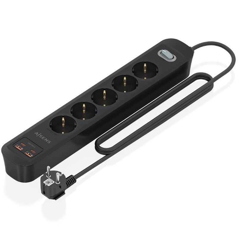 Regleta con Interruptor Aisens ASPS-2A2C15-BK/ 5 Tomas de Corriente/ 2 USB - 2 USB Tipo-C/ Cable 1.4m/ Negro
