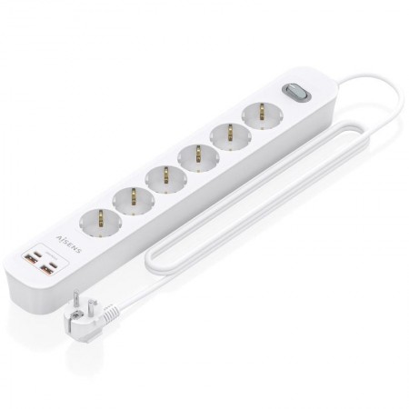 Regleta con Interruptor Aisens ASPS-2A2C16-W/ 6 Tomas de Corriente/ 2 USB - 2 USB Tipo-C/ Cable 1.4m/ Blanco