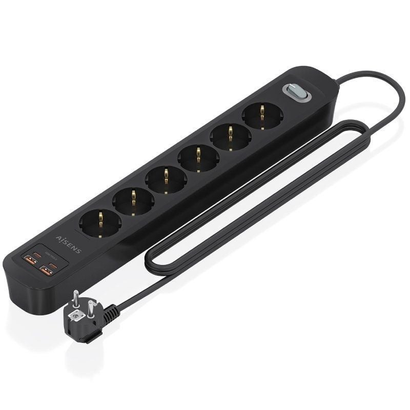 Regleta con Interruptor Aisens ASPS-2A2C17-BK/ 6 Tomas de Corriente/ 2 USB - 2 USB Tipo-C/ Cable 1.4m/ Negro