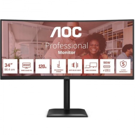 Monitor Profesional Ultrapanorámico Curvo AOC CU34E4CV 34'/ WQHD/ Multimedia/ Regulable en altura/ Negro
