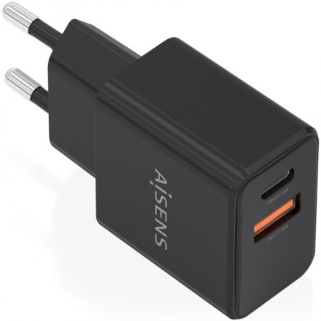 Cargador de Pared GaN Aisens A110-1026/ 1xUSB Tipo-C/ 1xUSB/ 20W/ Negro